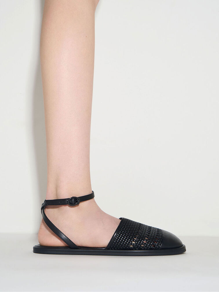 Woven Ankle-Strap Flats, Black, hi-res