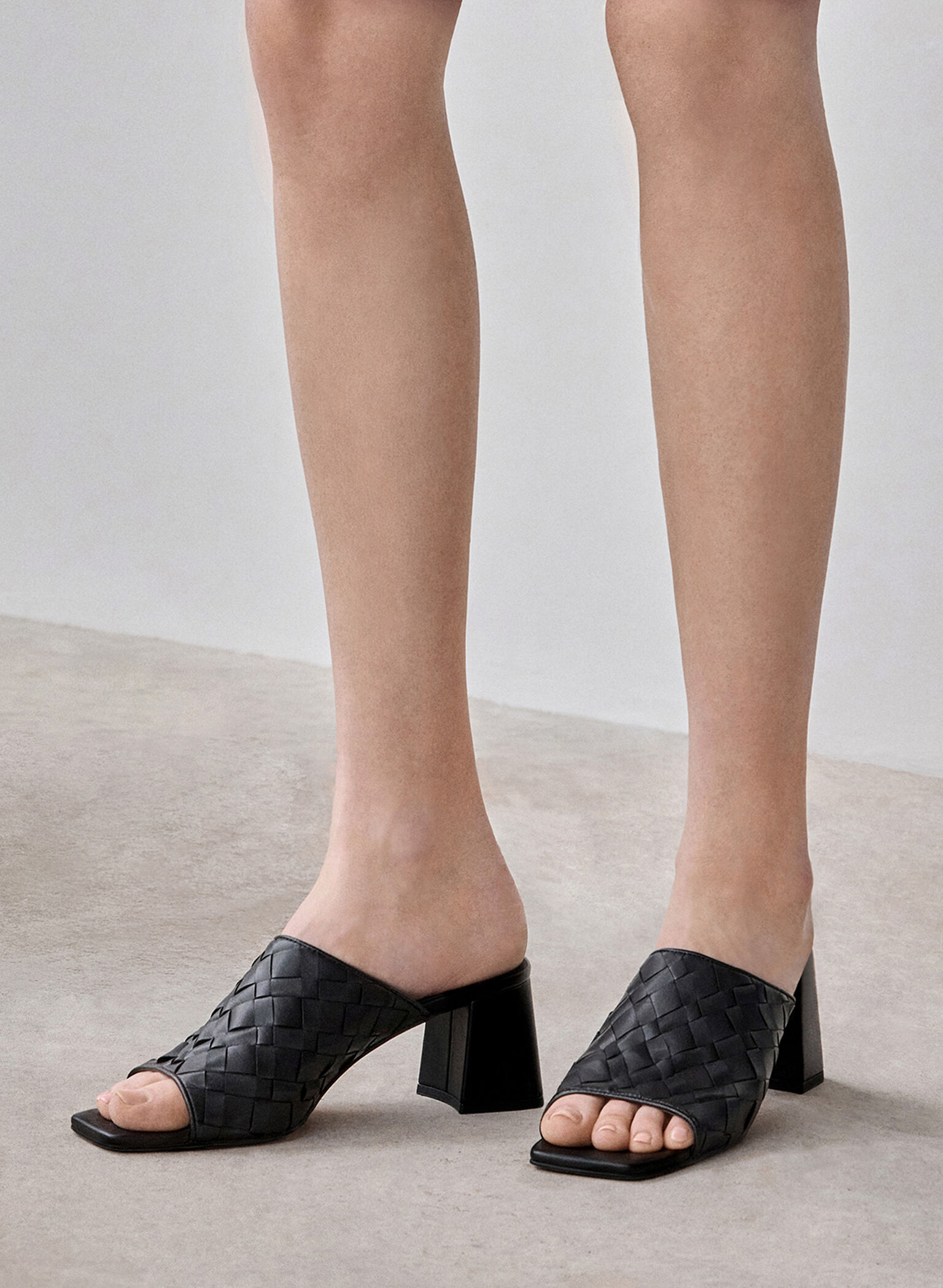 Woven Square-Toe Heeled Mules, Black, hi-res