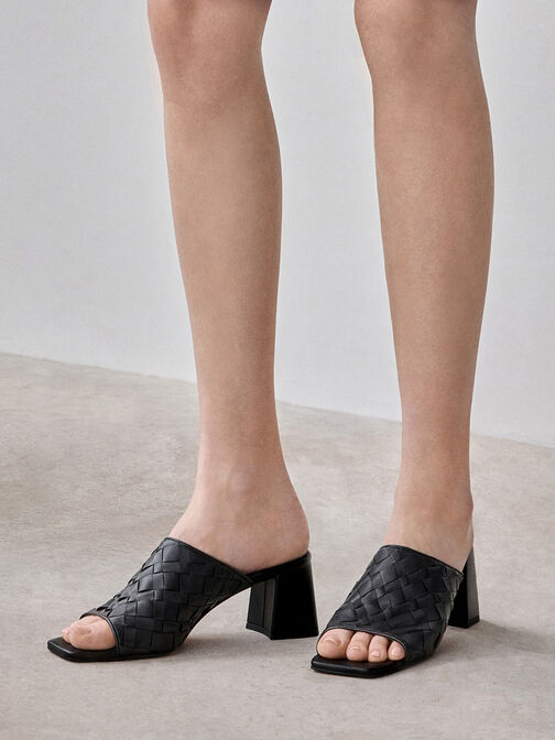 Woven Square-Toe Heeled Mules, Black, hi-res