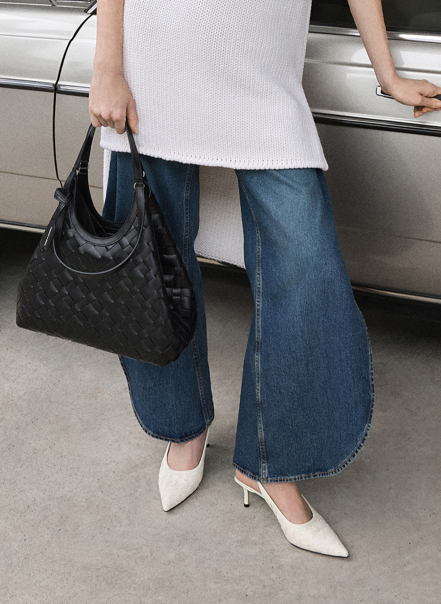 Ivette Woven Pointed-Toe Slingback Pumps, Chalk, hi-res