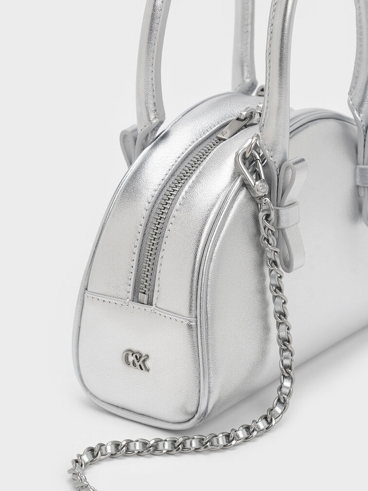 Satin Half-Moon Bowling Bag, Silver, hi-res