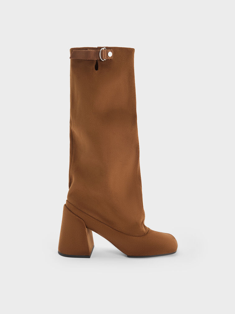 Robbie Faux Suede Side-Buckle Block-Heel Knee-High Boots, Brown, hi-res