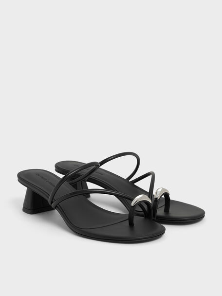 Metallic-Accent Strappy Toe-Ring Heeled Sandals, Black, hi-res