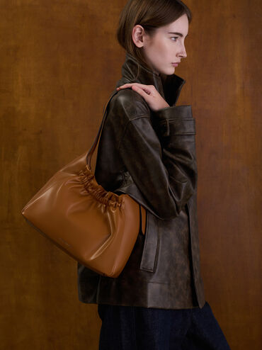 Brigette Ruched Shoulder Bag, Brown, hi-res