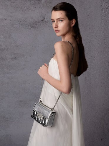 Alva Metallic Quilted Chain-Handle Bag, Silver, hi-res
