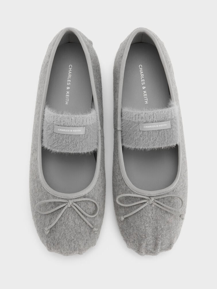 Winona Felt Bow Furry-Strap Mary Jane Flats, Light Grey, hi-res
