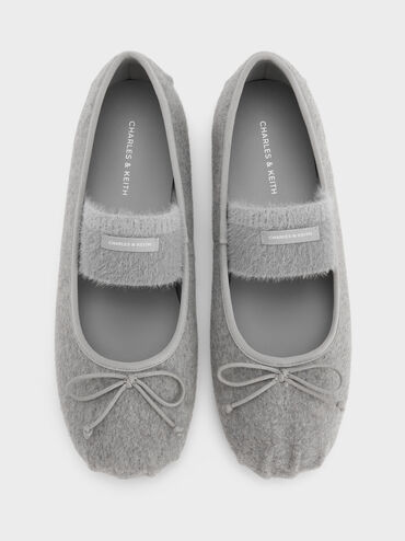Winona Felt Bow Furry-Strap Mary Jane Flats, Light Grey, hi-res