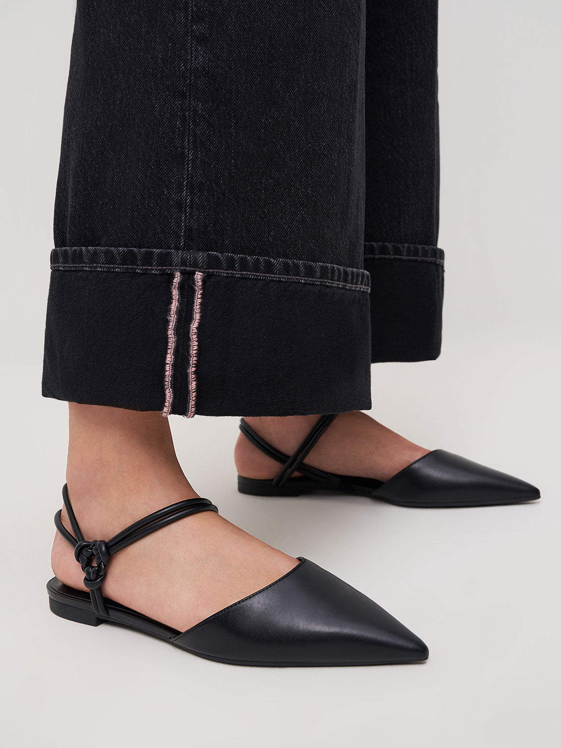 Knotted Ankle-Strap Ballerina Flats, Black, hi-res