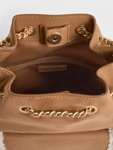 Donna Faux Suede Fur-Trim Backpack, Tan, hi-res