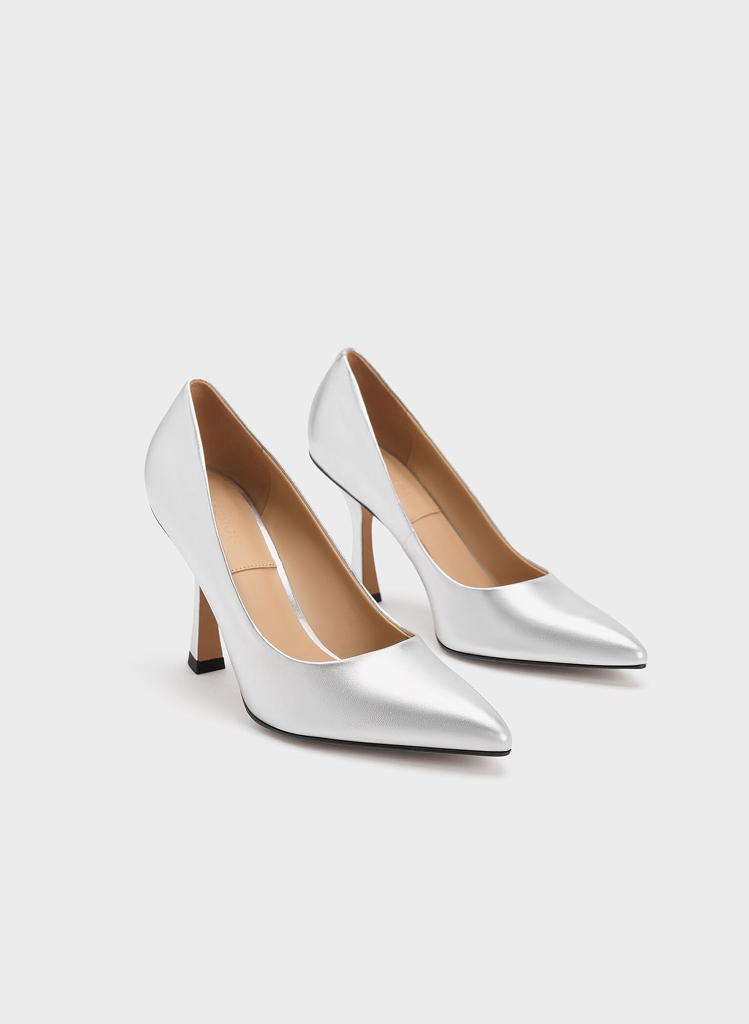 Metallic Leather Flare Heel Pumps, Silver, hi-res