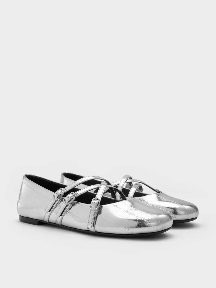 Metallic Triple-Strap Crossover Mary Jane Flats, Silver, hi-res