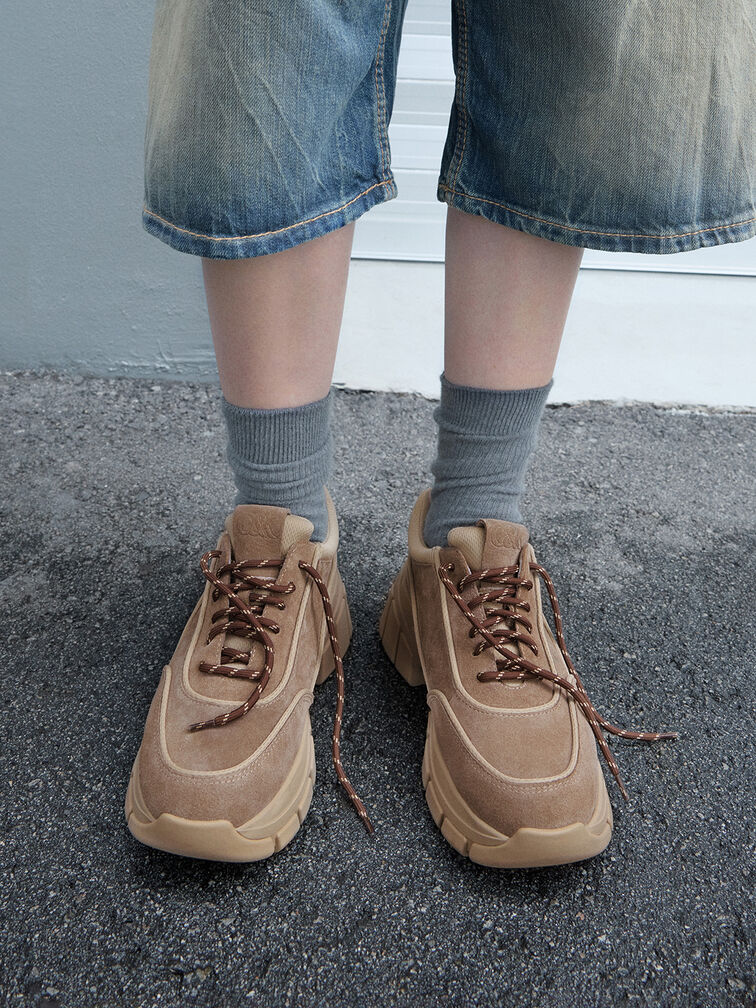 Yunna Suede & Recycled Fabric Chunky Sneakers, Taupe, hi-res
