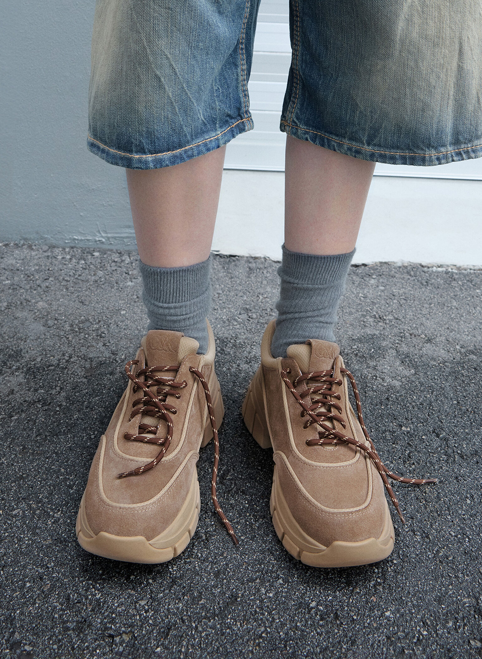 Yunna Suede & Recycled Fabric Chunky Sneakers, Taupe, hi-res