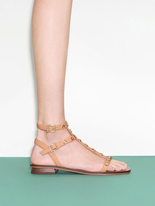 Studded Gladiator Sandals, Camel, hi-res