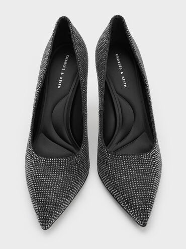 Denim Pointed-Toe Spool-Heel Pumps, Black Textured, hi-res