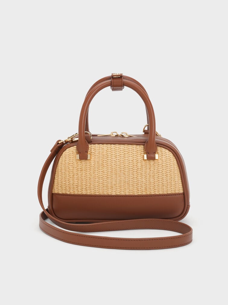 Leather & Raffia Bowling Bag, Neutral Raffia, hi-res