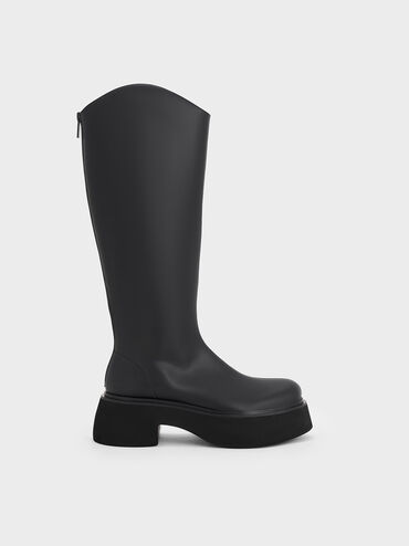 Cowboy Platform Knee-High Boots, Black, hi-res
