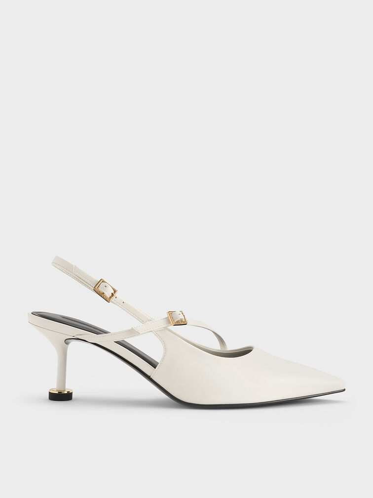 Buckled Sculptural-Heel Slingback Pumps, White, hi-res