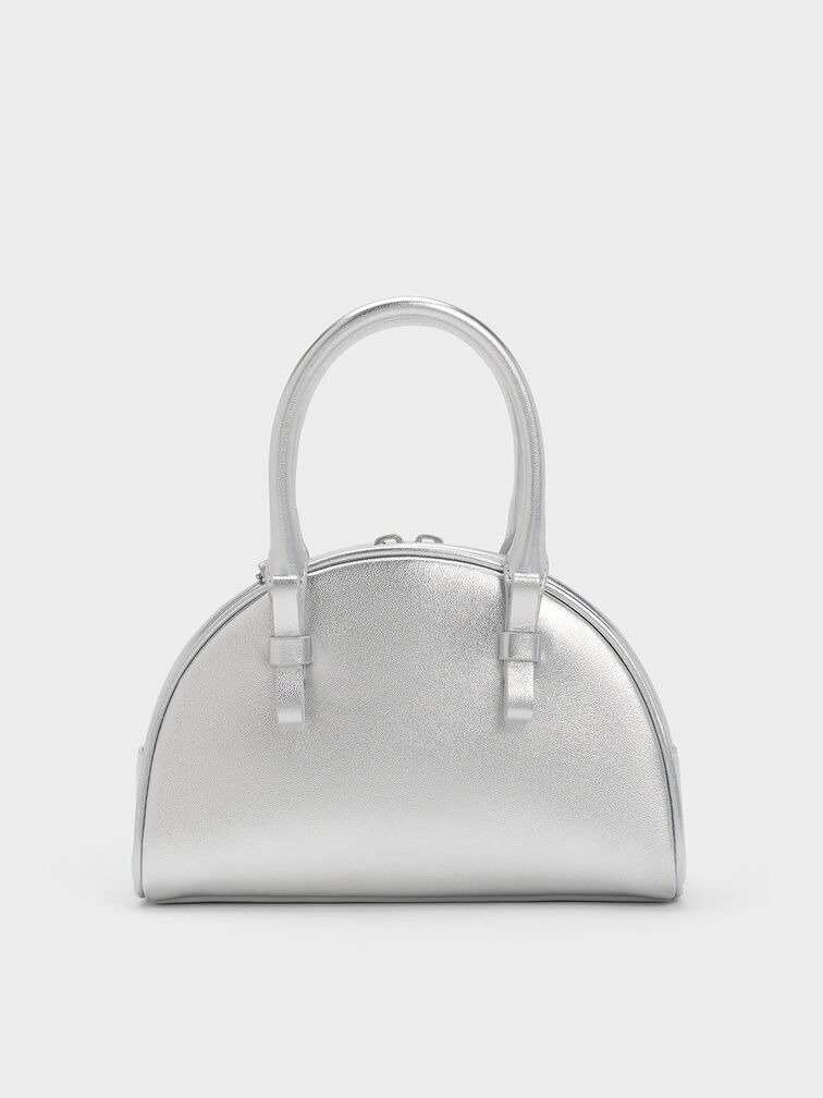 Satin Half-Moon Bowling Bag, Silver, hi-res