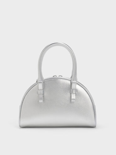 Leather Half-Moon Bowling Bag, Silver, hi-res