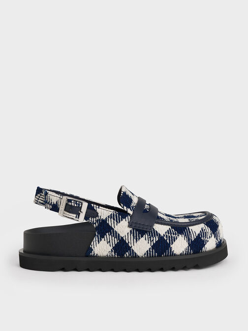 Checkered Slingback Penny Loafers, Dark Blue, hi-res