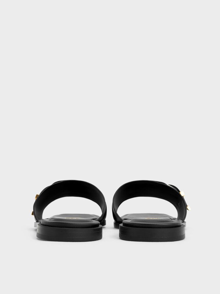 Leather Buckled Square-Toe Slide Sandals, Black, hi-res
