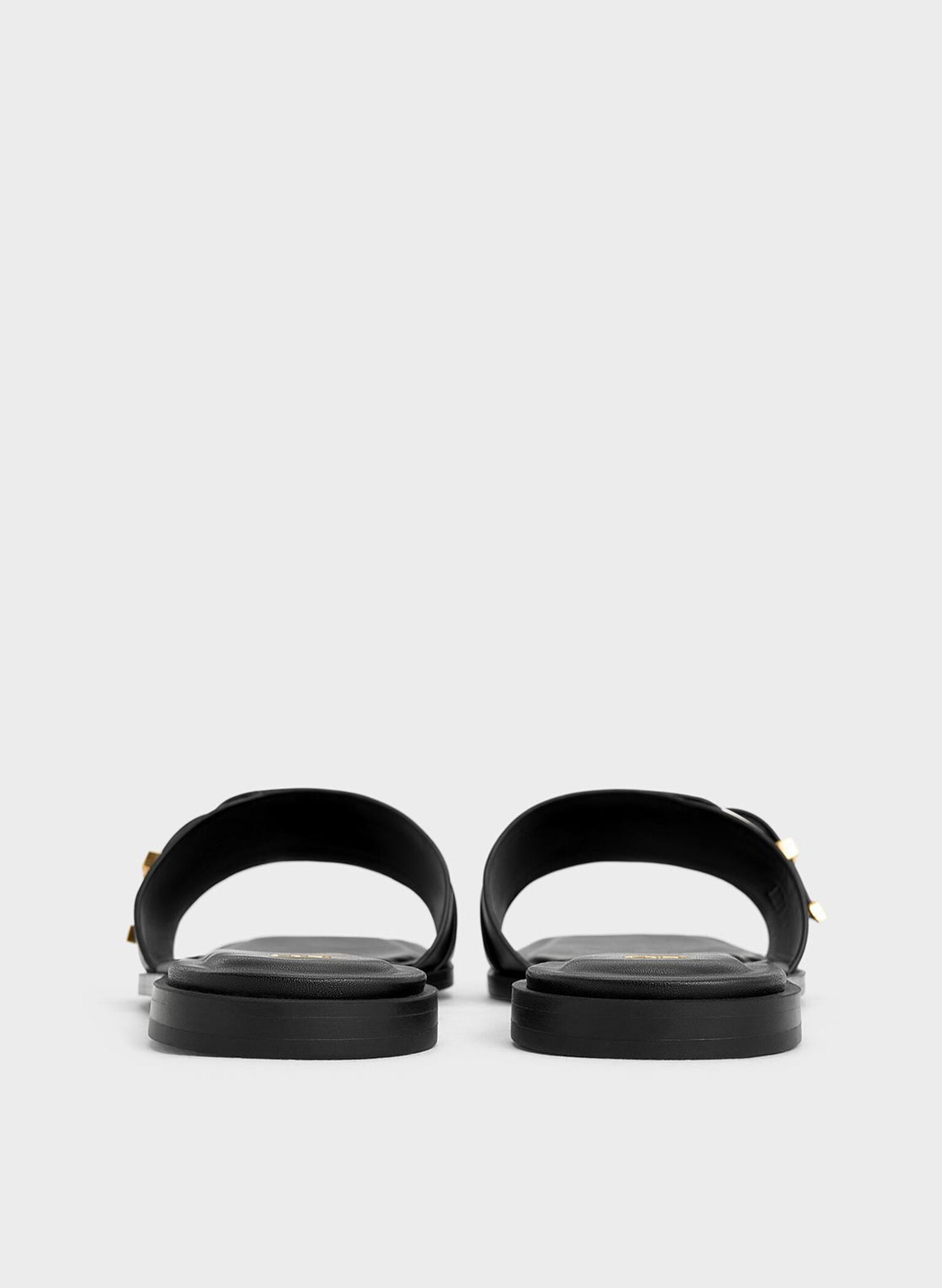 Leather Buckled Square-Toe Slide Sandals, Black, hi-res