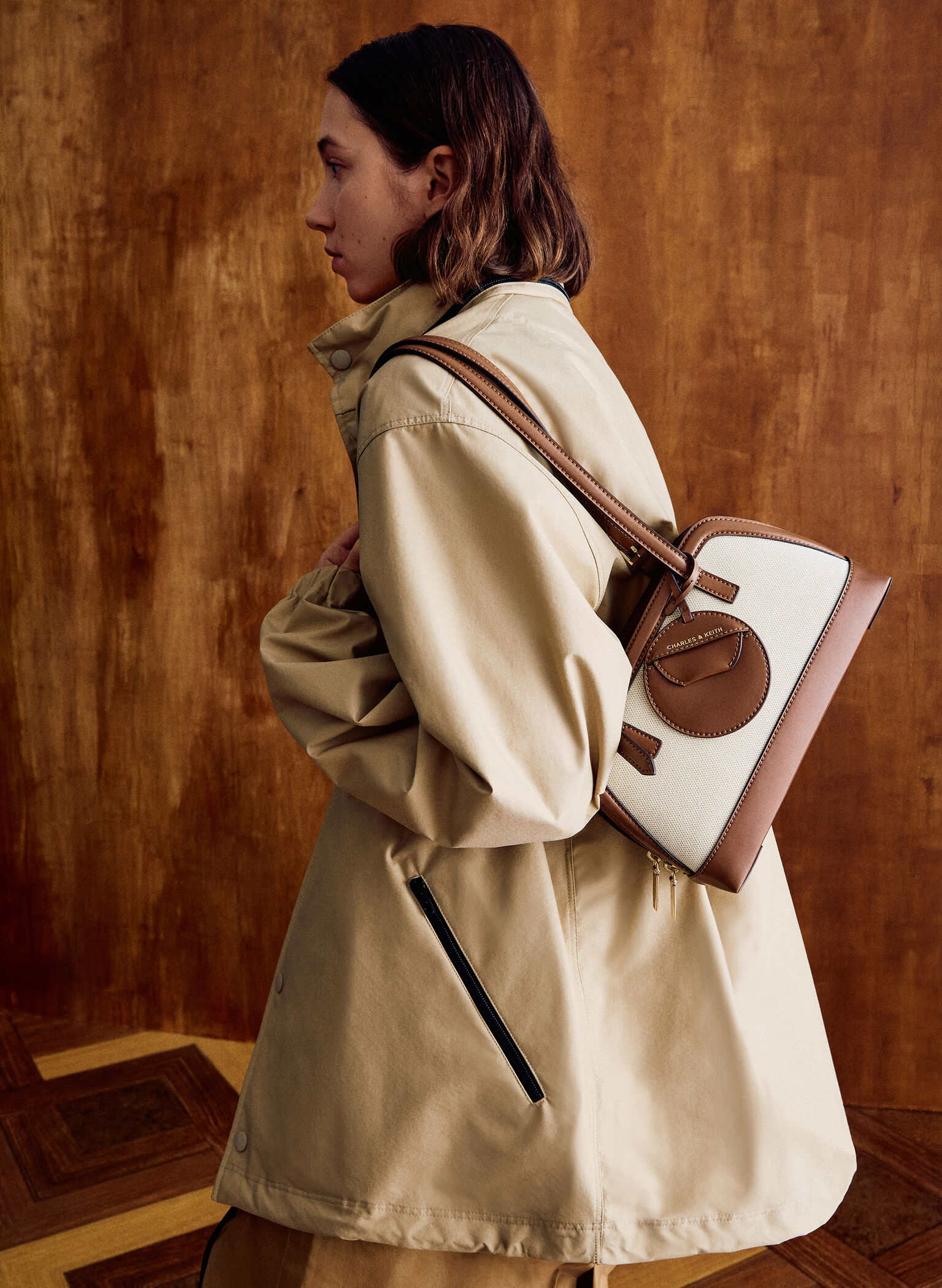 Enola Canvas Two-Tone Elongated-Handle Bag, Chocolate, hi-res