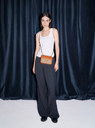 Alva Checkered Front Flap Bag, Cognac, hi-res