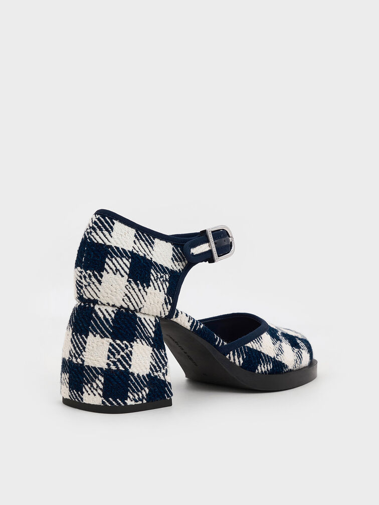 Checkered Block-Heel Ankle-Strap D'Orsay Pumps, Dark Blue, hi-res