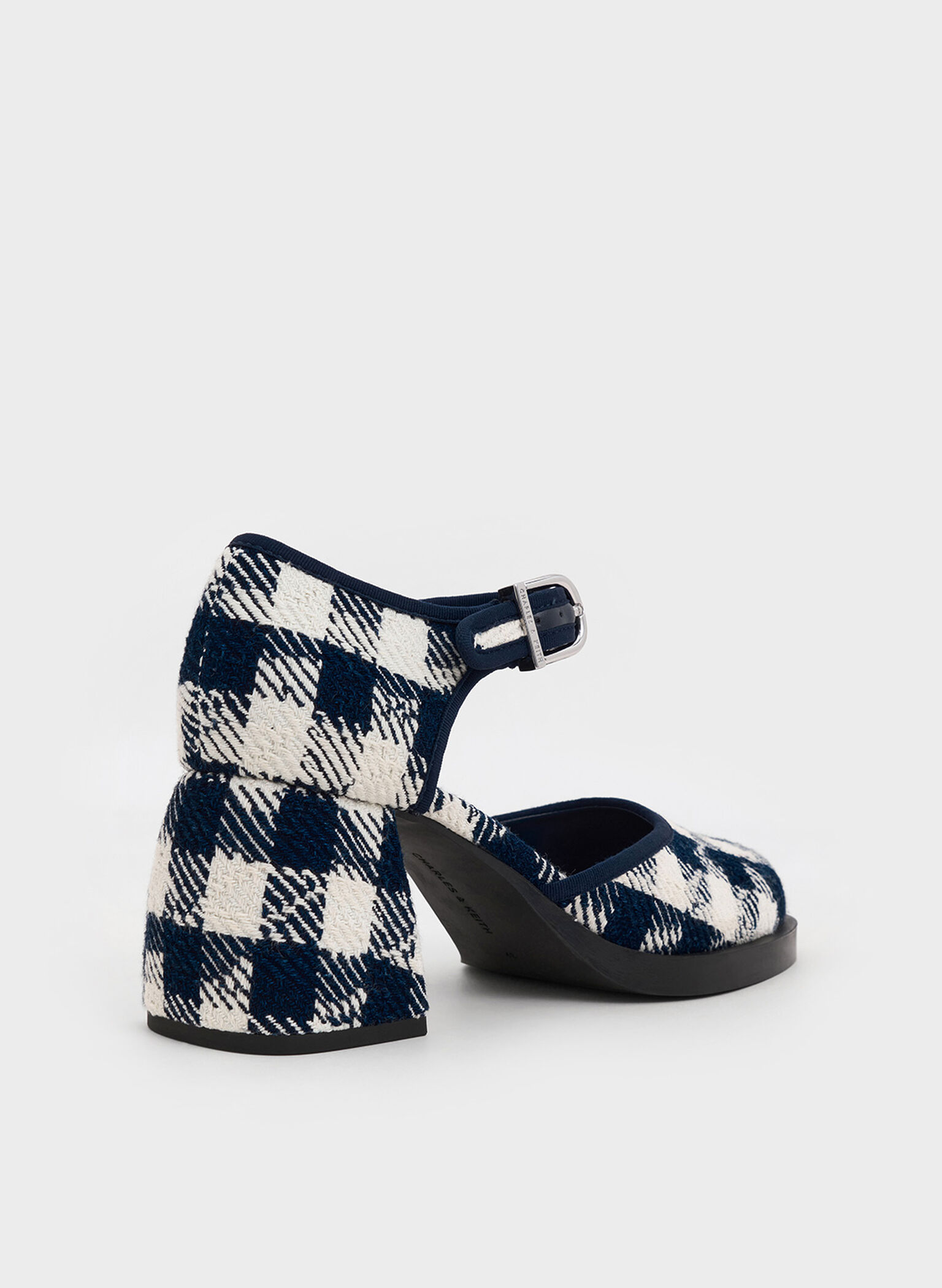 Checkered Block-Heel Ankle-Strap D'Orsay Pumps, Dark Blue, hi-res