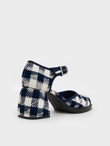 Checkered Block-Heel Ankle-Strap D'Orsay Pumps, Dark Blue, hi-res