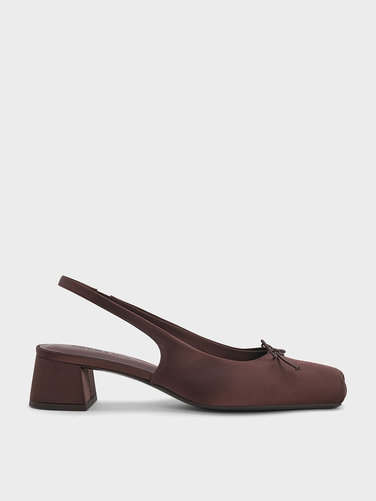 Satin Bow Square-Toe Slingback Pumps, Dark Brown, hi-res