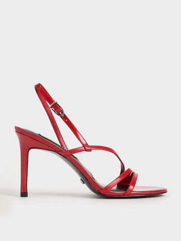 Patent Leather Strappy Heeled Sandals, Red, hi-res