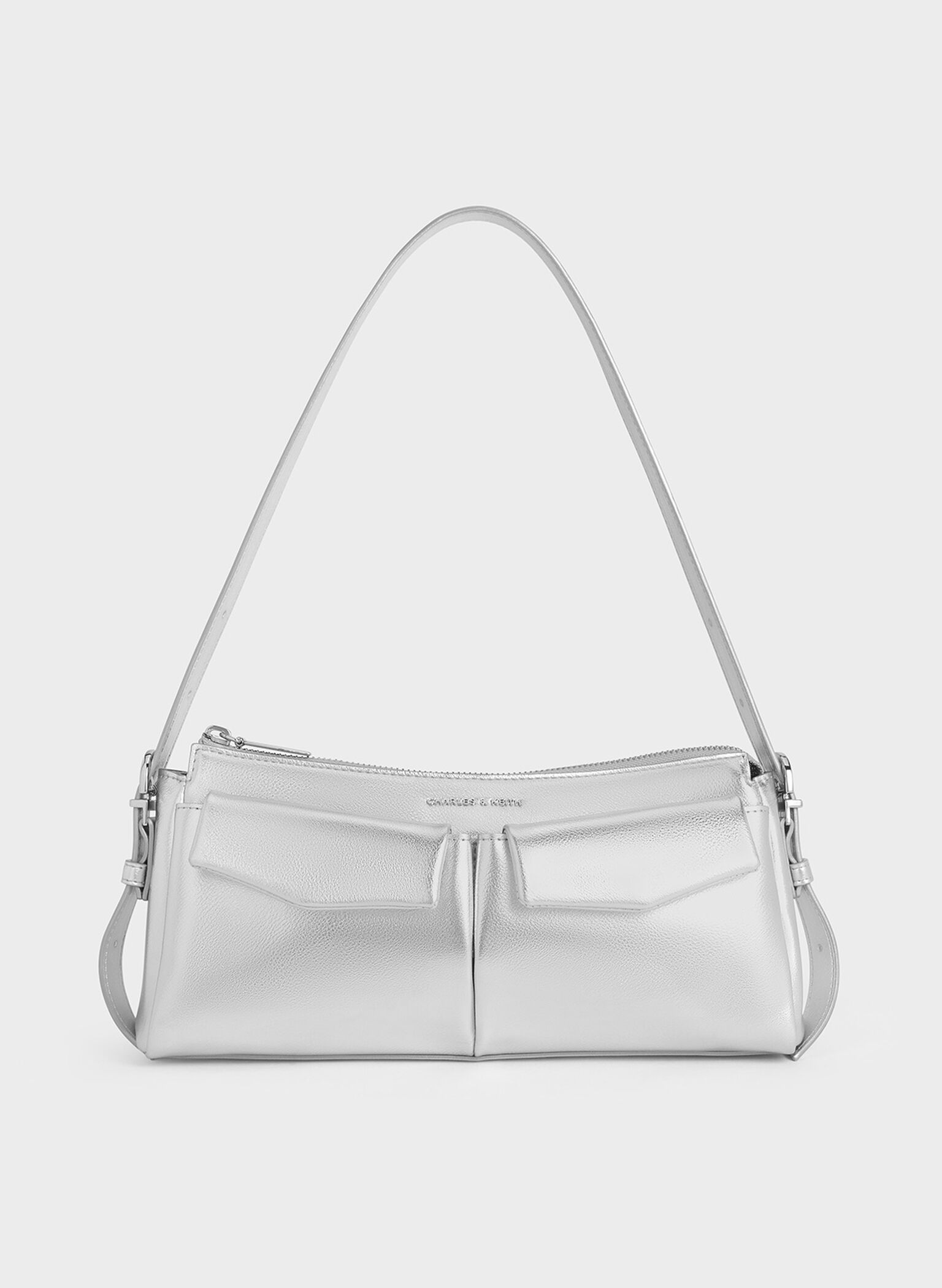 Rachel Elongated Front-Pocket Chain-Handle Bag, Silver, hi-res