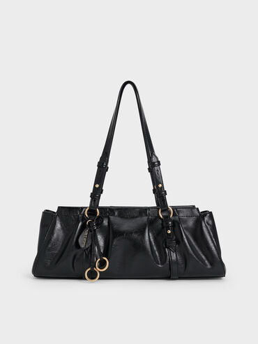 Britton Ruched Elongated Shoulder Bag, Black, hi-res