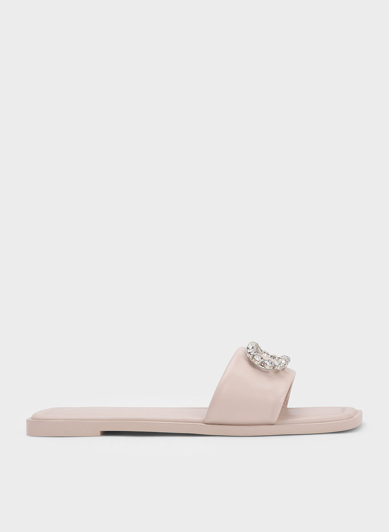 Gem-Embellished Leather Slides, Nude, hi-res