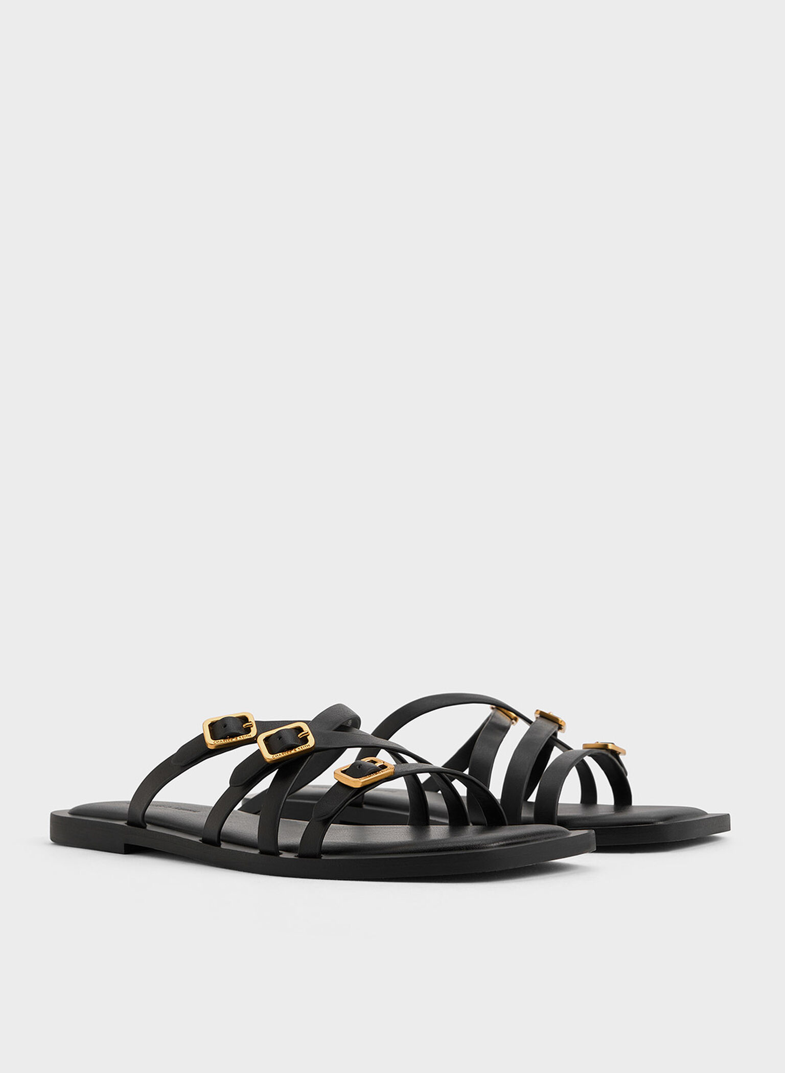Strappy Buckled Slide Sandals, Black, hi-res