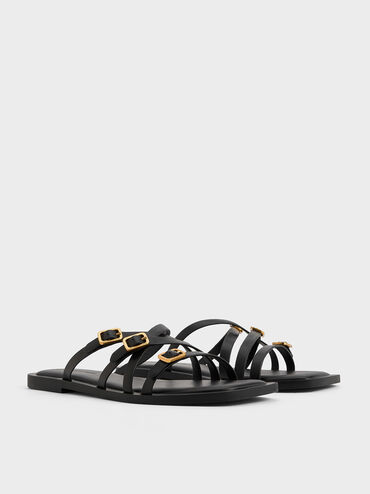 Strappy Buckled Slide Sandals, Black, hi-res