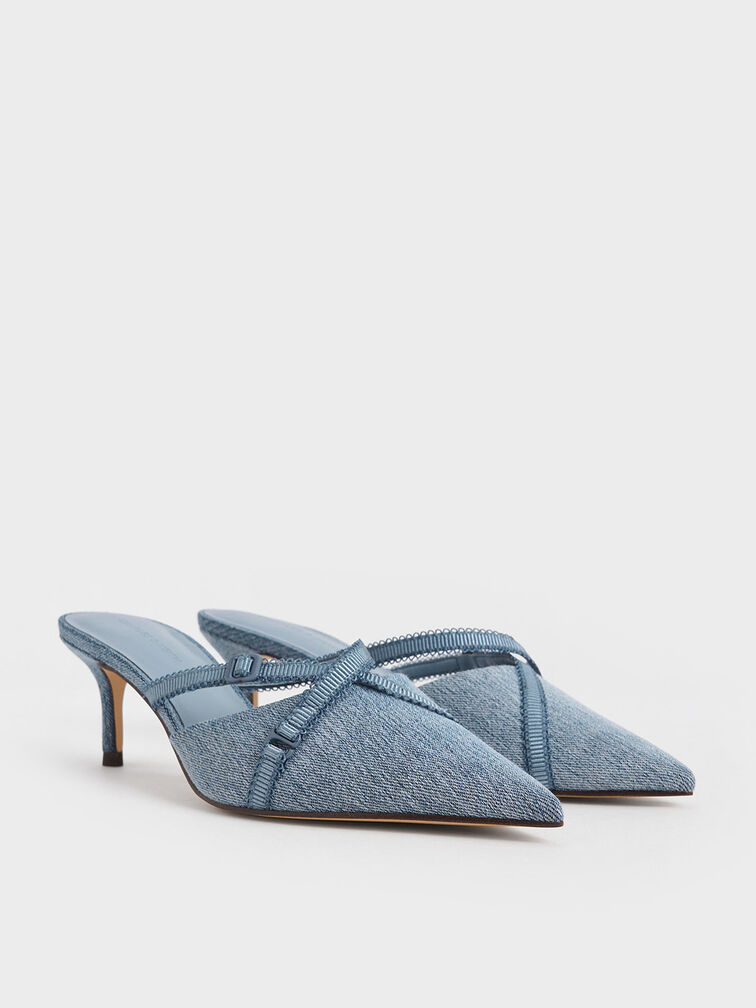 Denim Grosgrain-Strap Pointed-Toe Mules, Denim Blue, hi-res