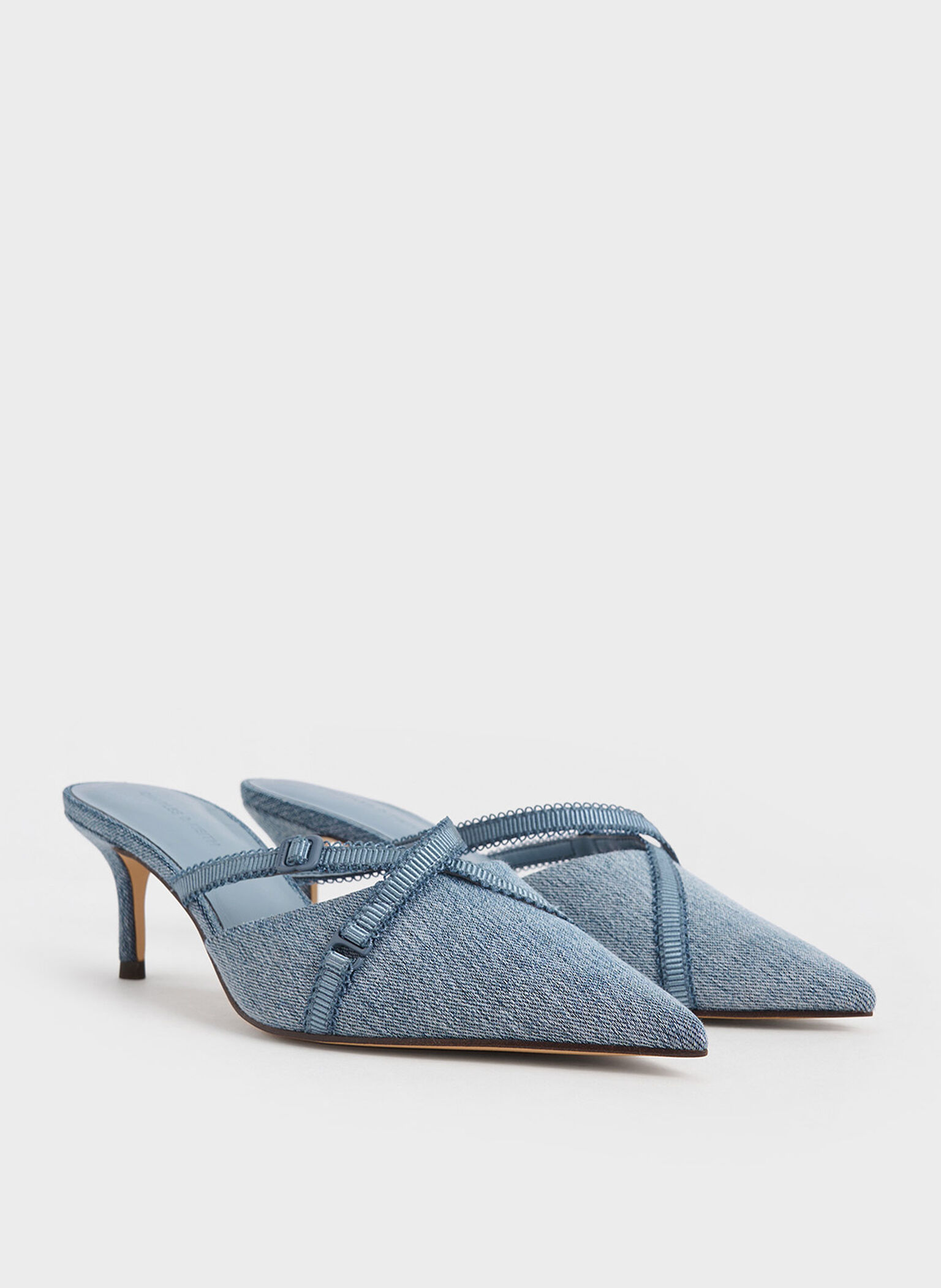 Denim Grosgrain-Strap Pointed-Toe Mules, Denim Blue, hi-res