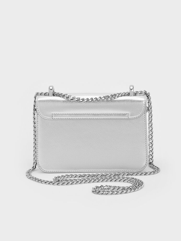 Alva Metallic Quilted Chain-Handle Bag, Silver, hi-res