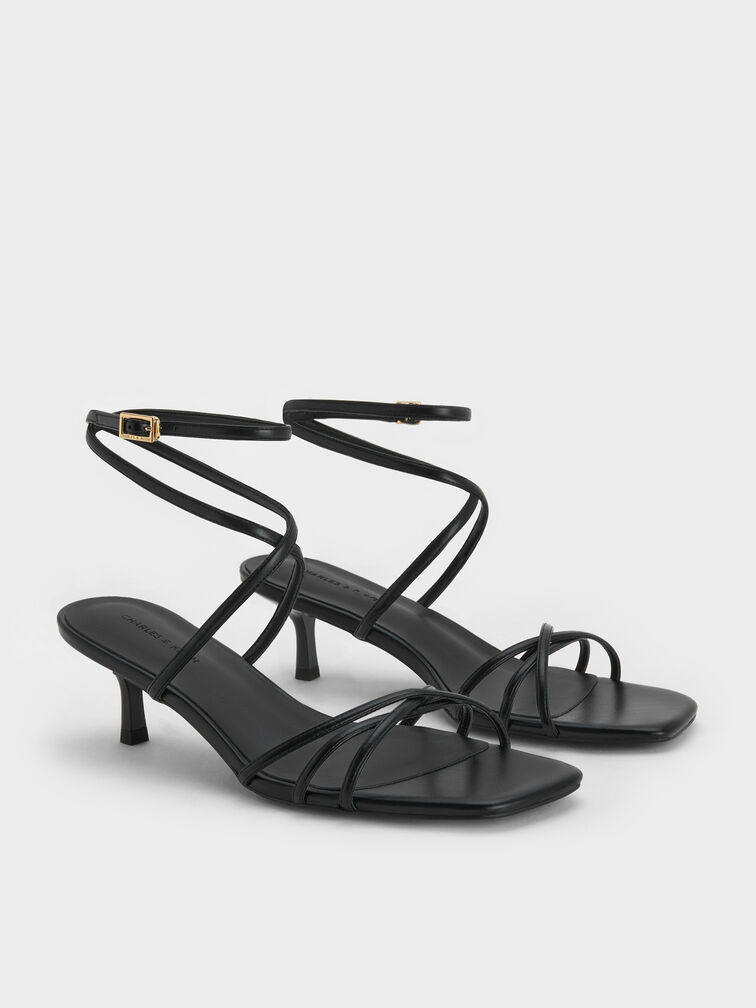 Strappy Square-Toe Kitten-Heel Sandals, Black, hi-res