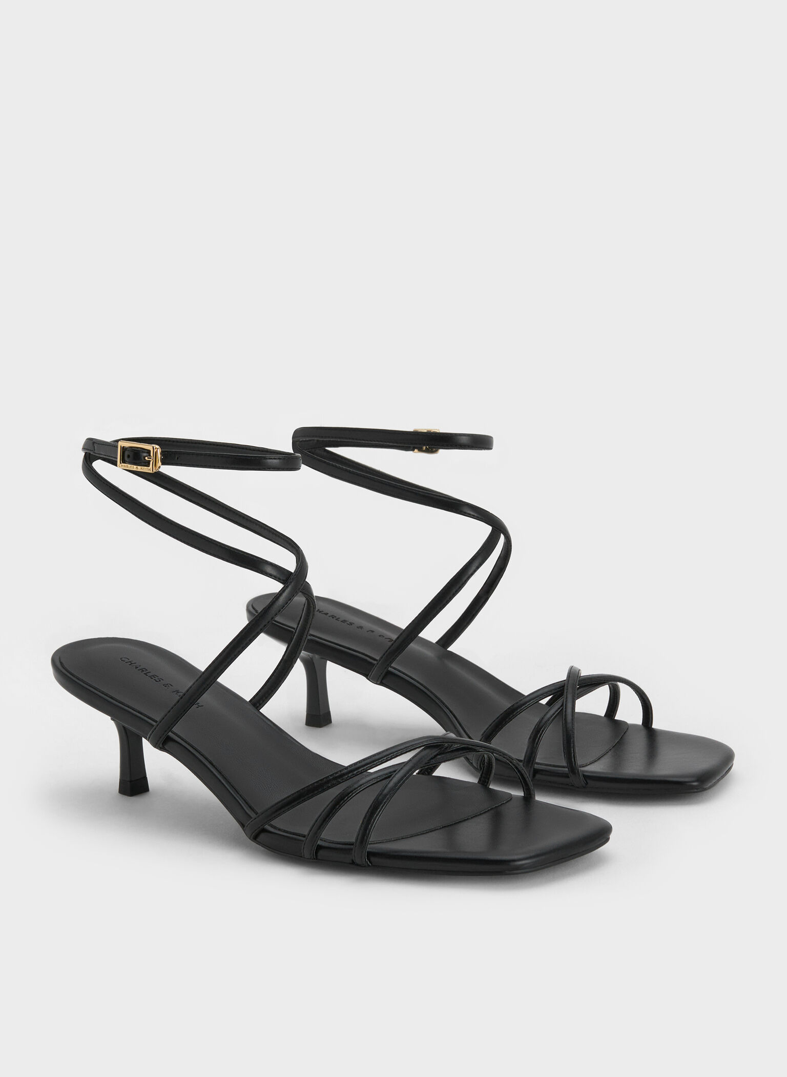 Strappy Square-Toe Kitten-Heel Sandals, Black, hi-res