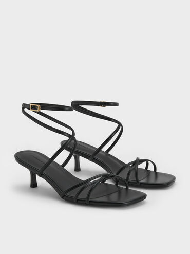 Strappy Square-Toe Kitten-Heel Sandals, Black, hi-res