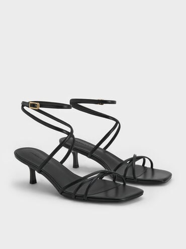 Strappy Square-Toe Kitten-Heel Sandals, Black, hi-res