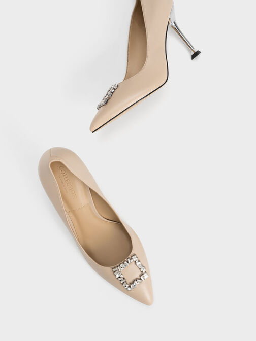 Leather Gem-Embellished Pumps, Nude, hi-res