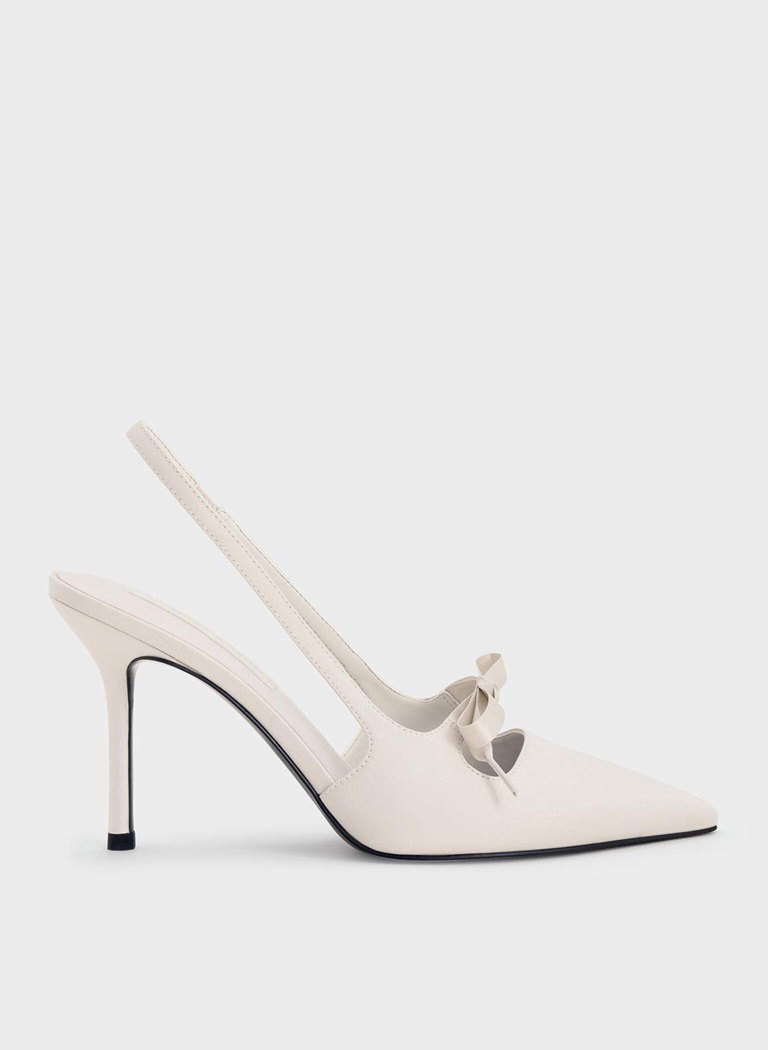 Satin Bow Pointed-Toe Slingback Pumps, Light Grey, hi-res