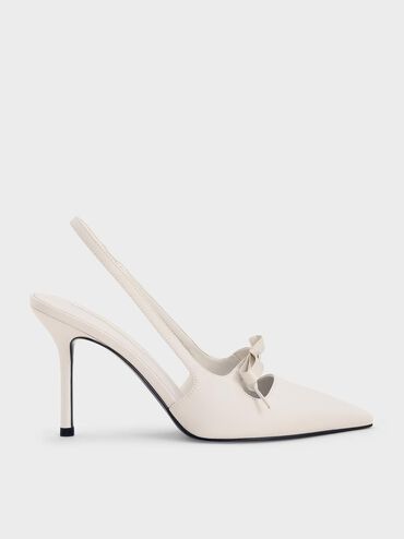 Satin Bow Pointed-Toe Slingback Pumps, Light Grey, hi-res
