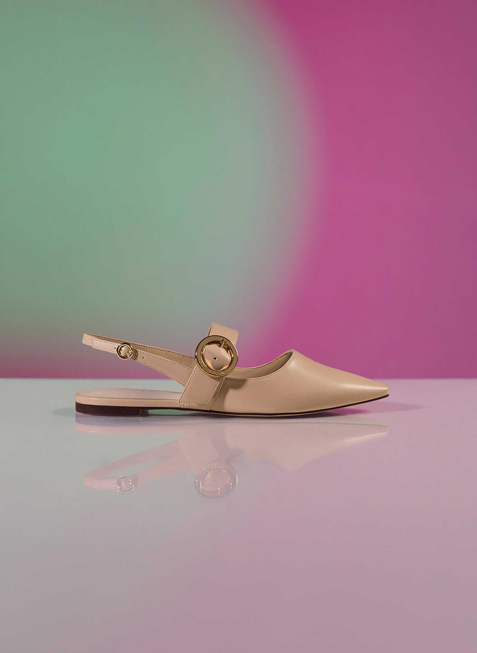 Buckled Strap Slingback Flats, Nude, hi-res